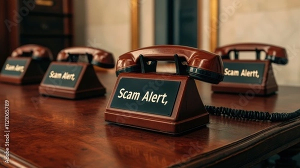 Fototapeta Spam call and scam technology, A vintage-style image featuring multiple telephones on a wooden table, each marked with a "Scam Alert" sign, emphasizing caution against fraud.