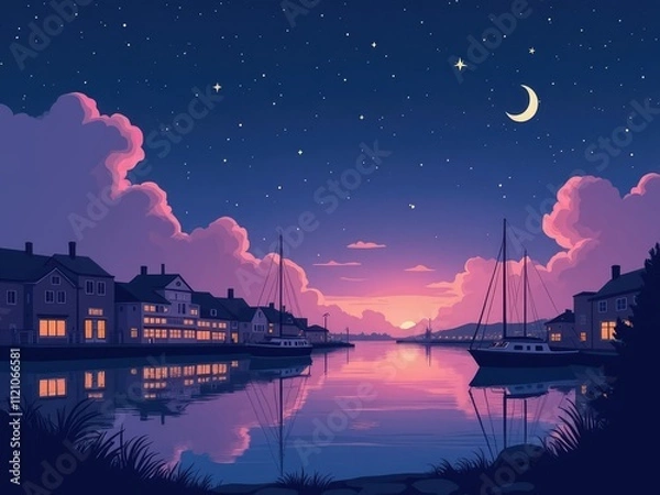 Obraz Harbor background at night under purple sky