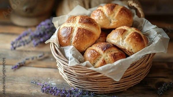 Obraz A rustic basket filled with hot cross buns, nestled in parchment paper, placed on a wooden table with a sprig of lavender