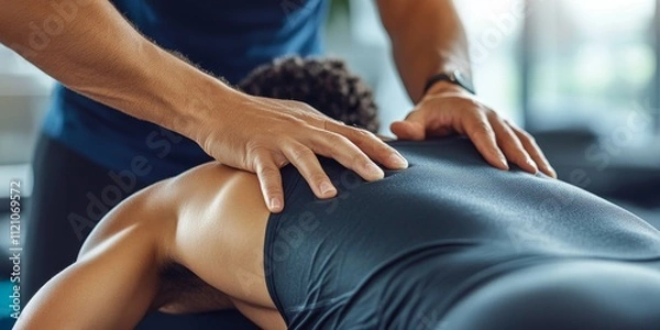 Fototapeta Physiotherapist providing a massage to the back of a young athlete in a sports rehabilitation clinic, showcasing effective techniques for recovery in this high quality photo.