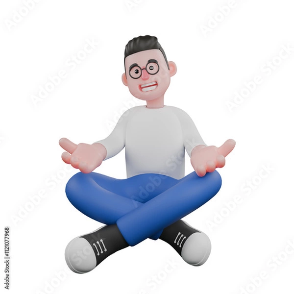 Fototapeta Professional Video Editing 3D Cartoon Model. A male video editor sits cross-legged with his hands on his knees, meditative expression. Professional Model.