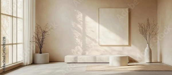 Fototapeta Minimalist beige interior with sunlight, empty frame, plants, and platform.