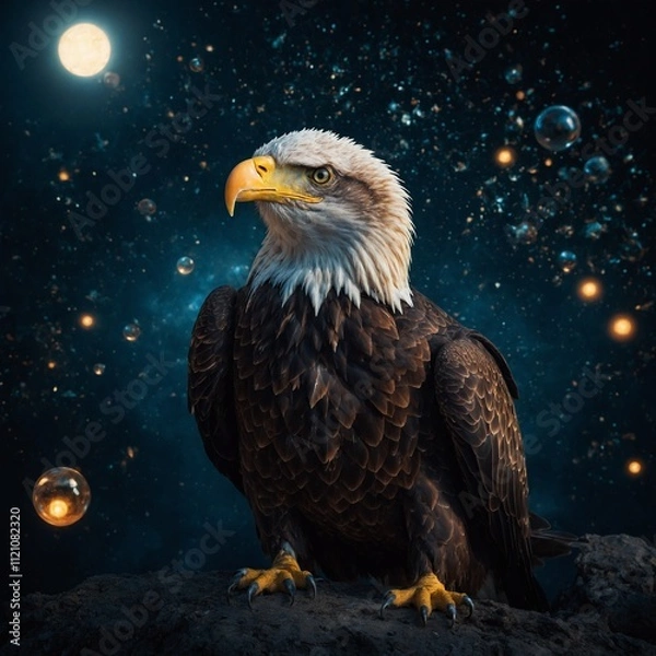 Obraz An eagle surrounded by surreal glowing orbs in a dark void.