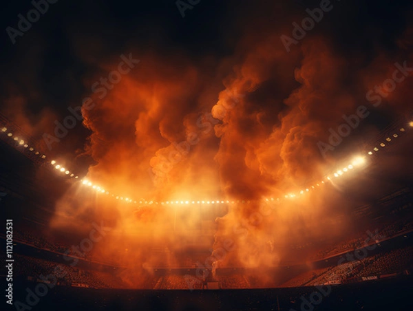 Fototapeta Fantastic A misty football stadium at night with haunting fog rolling across the field