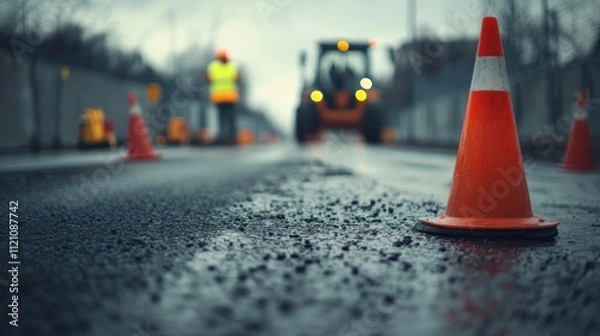 Fototapeta A slight bend in the asphalt road channeled by bright cones, background showing workers in high-visibility vests and machinery