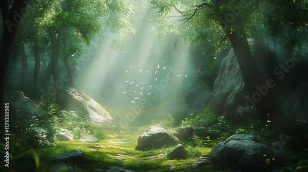 Fototapeta A serene forest clearing with dappled sunlight, moss-covered rocks, and the sound of birdsong 