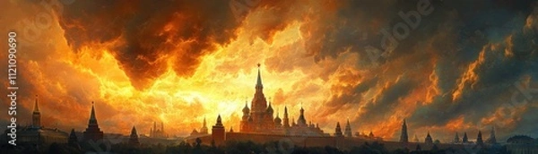 Obraz Majestic sunset over historic architecture moscow digital art landscape dramatic viewpoint evocative atmosphere