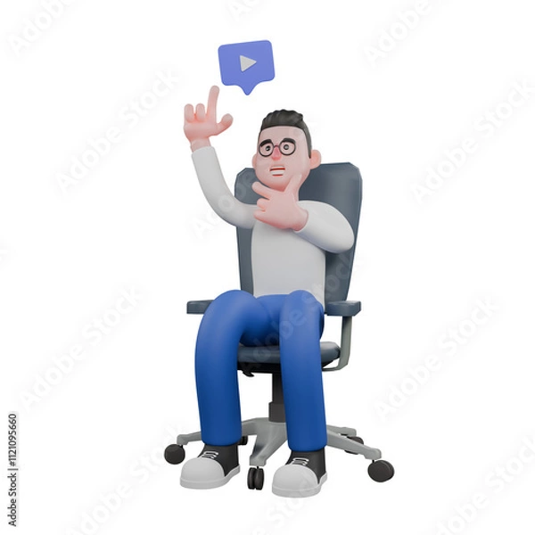 Fototapeta Professional Video Editing 3D Cartoon Model. A male video editor sits with his left hand on his chin, and his right hand pointing upwards, eureka expression. Professional Model.