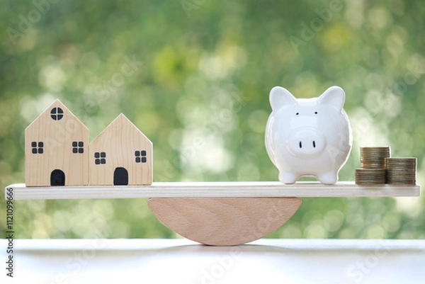 Obraz Home loan,Model house and piggy bank on wood scale seesaw on natural green background, Business investment and real estate concept