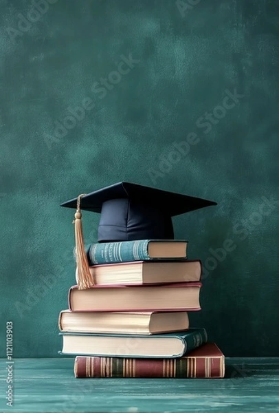 Fototapeta A stack of books with a graduation cap and diploma on a green chalkboard background, with space for text. Stock photo contest winner, graduation cap and books on blackboard
