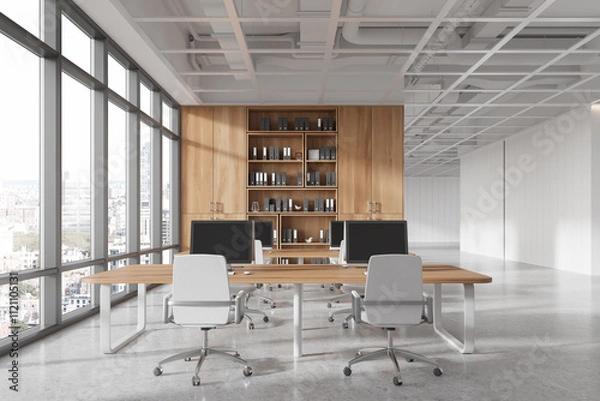 Fototapeta Modern open office interior with wooden shelves and large windows in a city view setting. 3D Rendering