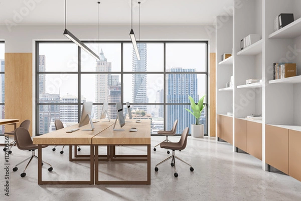 Fototapeta Modern open space office interior with wooden furniture and large windows overlooking a cityscape. 3D Rendering