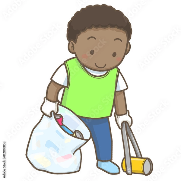 Obraz トングで空き缶を集めているボランティアの黒人の男の子