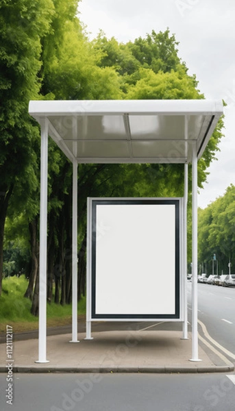 Fototapeta Mockup blank white outdoor banner on bus stop, featuring greenery at background