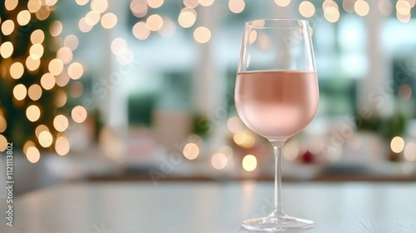 Fototapeta A close-up of a glass of rose wine on a table, with festive bokeh lights creating a warm, celebratory atmosphere.