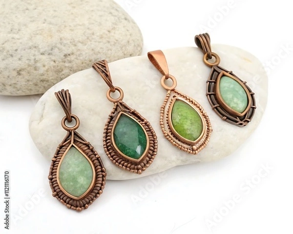 Fototapeta four-rustic-copper-and-green-gemstone-pendants-
