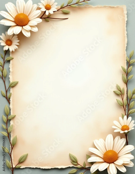Fototapeta Handmade paper background with daisy border