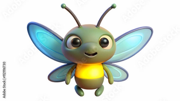 Fototapeta Animal A 3D cartoon firefly mascot glowing softly in the dark, isolated on a white background (2)