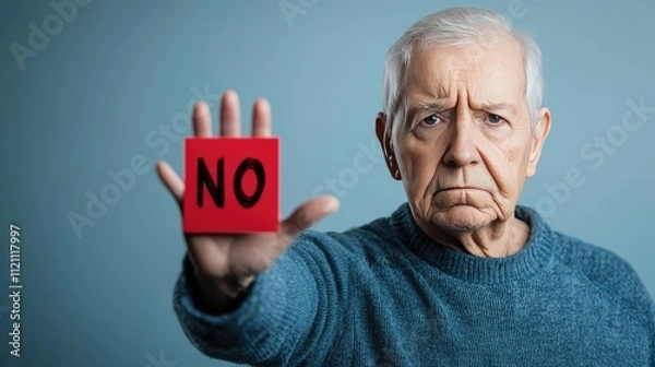 Fototapeta Elderly Protest Against Abuse: Close-Up Portrait of a Senior Defying Mistreatment with 'NO' Written on Palm in Dramatic Lighting
