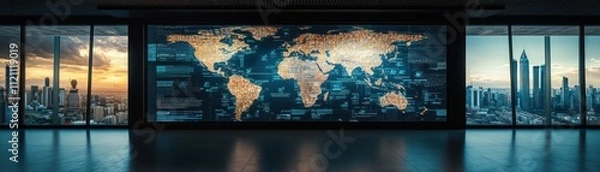 Fototapeta Global business insights modern office digital world map urban environment panoramic view technology and innovation