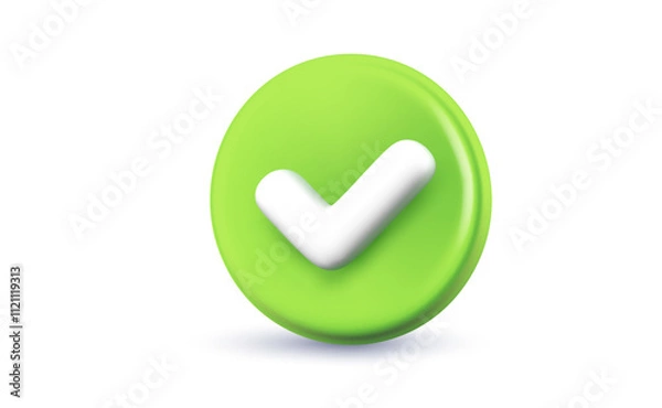 Fototapeta Vector illustration of green color circle with tick on white background. 3d cartoon style design of business checkmark icon. Checklist tick, done check mark. Symbol of correct and right choose