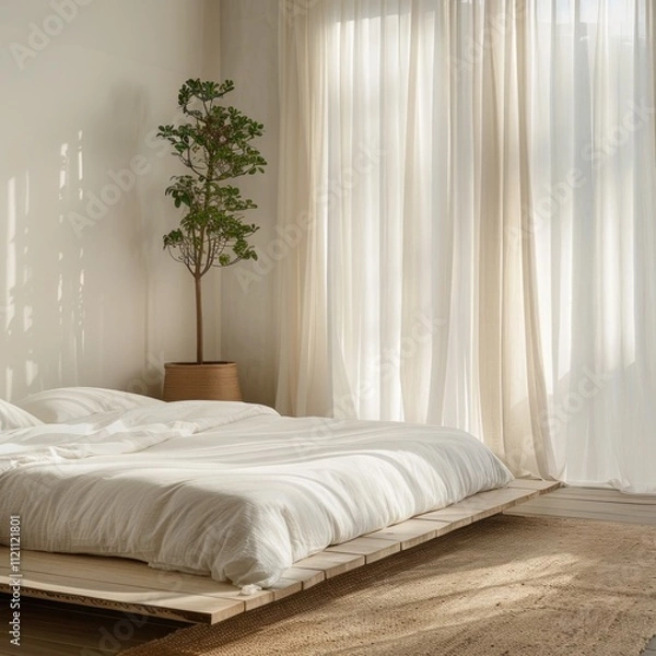 Fototapeta A minimalist bedroom with a low platform bed