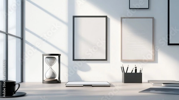 Obraz A minimalist home office with a collection of framed motivational quotes on the wal