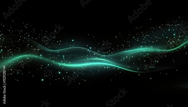 Fototapeta Abstract teal wave with glittering particles in dark space