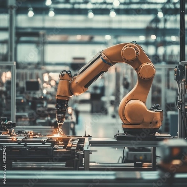 Fototapeta A robotic arm welding in a modern industrial setting, showcasing automation in manufacturing.