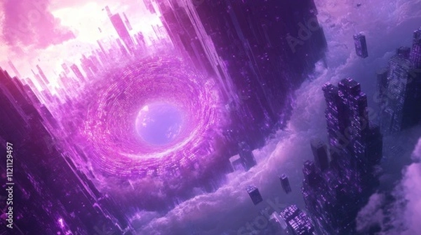 Fototapeta Surreal portal event futuristic city digital art urban environment aerial view science fiction concept