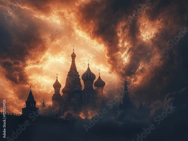 Obraz Dramatic sunset over historical architecture moscow cloudy atmosphere captivating landscape aesthetic viewpoint cultural essence