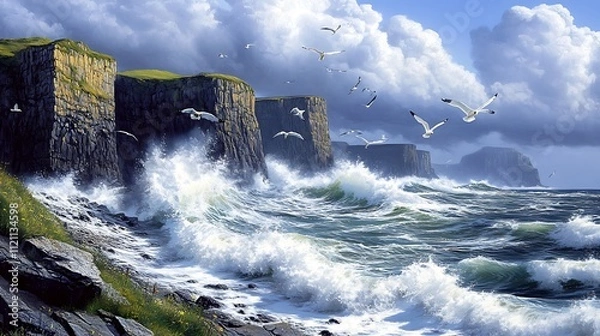 Fototapeta A wild and rugged coastline with steep cliffs, crashing waves, and a stormy sky 