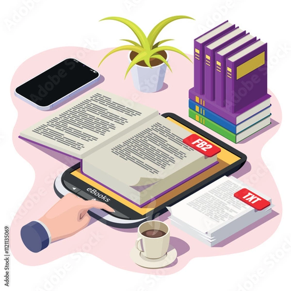 Fototapeta Isometric e-book concept. reading online vector illustration