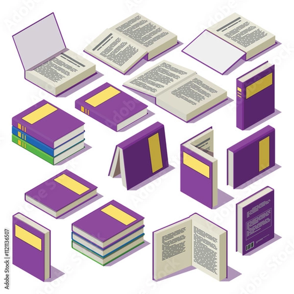 Fototapeta set of isometric books on a white background, vector illustration