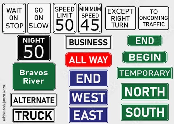 Obraz traffic signals used in the Americas. speed limit, maximum speed, night speed, except right turn, to oncoming traffic, east way, west way, north way, south way, etc.