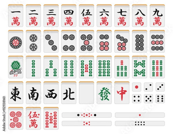 Fototapeta 麻雀牌と点棒、サイコロのセット