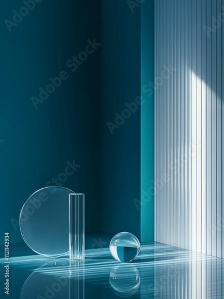 Obraz A modern abstract design featuring glass shapes and a glossy surface, illuminated by soft blue tones, perfect for backgrounds or product displays.