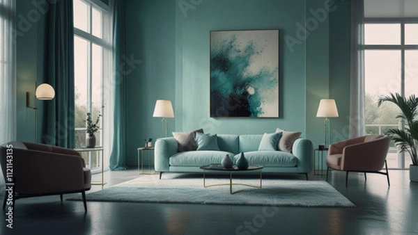 Fototapeta Aqua Mist color matte contemporary interior design with minimalist furniture
