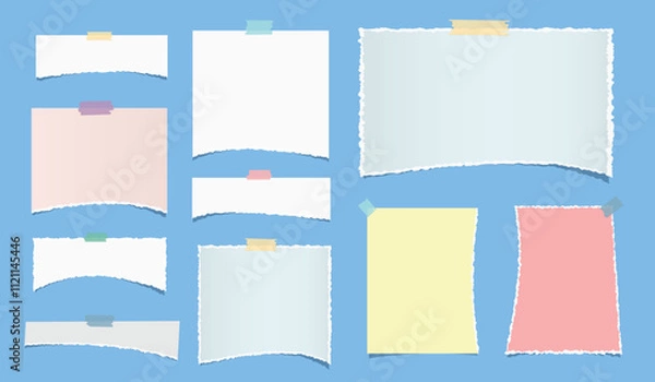 Fototapeta White, colorful ripped blank note, notebook paper strips for text or message stuck with sticky tape on violet background