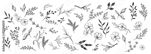 Fototapeta  Hand drawn floral ornaments decorative flower leaf and branch for wedding invitation design nature elements vector set