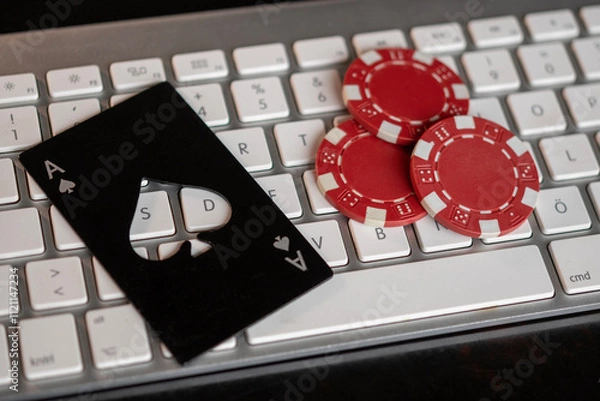 Fototapeta Keyboard, ace of spades and poker chips