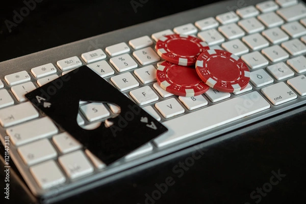 Fototapeta Keyboard, ace of spades and poker chips