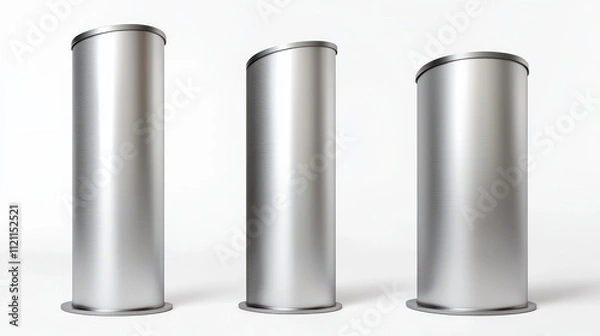Obraz 3D render of a sleek silver metallic display stand with curved vertical shape in three perspectives.