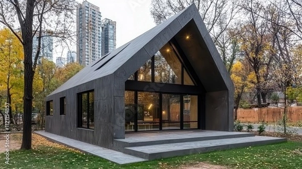 Fototapeta Modern architectural house surrounded by trees in an urban setting.
