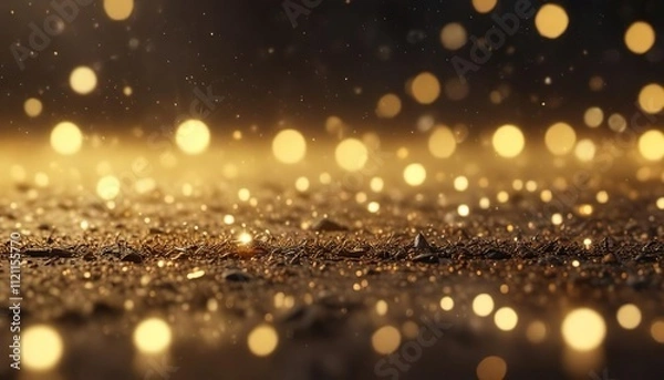 Fototapeta Blurred surface with scattered yellow gold sparks and bokeh effect, golden, background