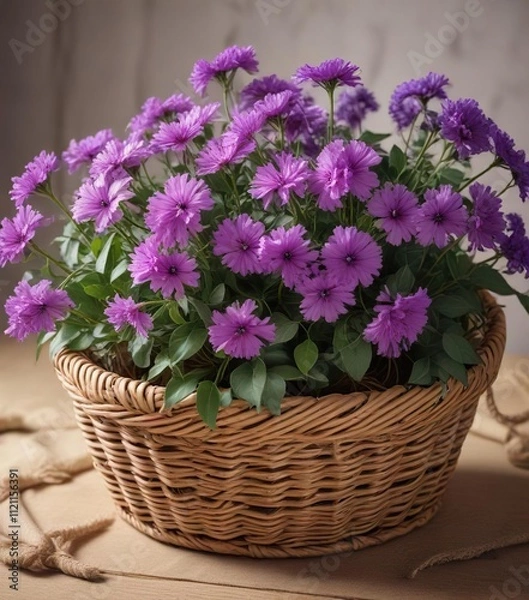 Fototapeta A bunch of shali violet flowers tied together with twine in a wicker basket , bouquet, botanical, twine