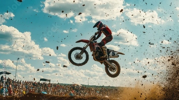 Obraz Motocross Rider Soaring, Dirt Flying, Number Five, Adrenaline Rush