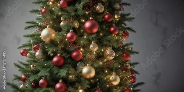 Fototapeta Ornaments and garlands cascading down the branches of a tall pine Christmas tree, ornaments, evergreen branches, elegant decor