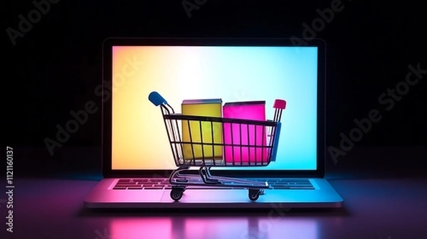 Obraz Online shopping concept with small shopping cart and boxes on laptop.