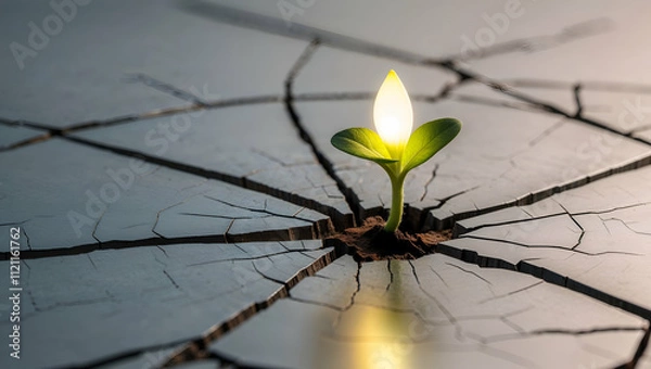 Obraz Green plant emerging from cracked surface symbolizes resilience and hope in difficult conditions